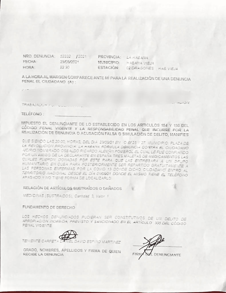 Una denuncia por presunto robo de medicamentos en Cuba.