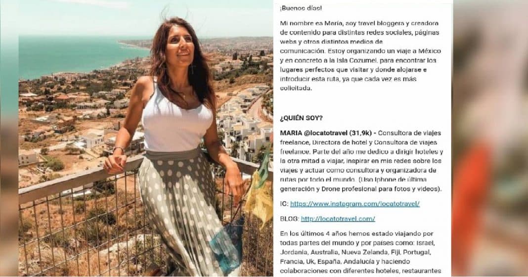 La influencer española María. Quería 2 noches gratis, por unos posts en sus redes sociales.