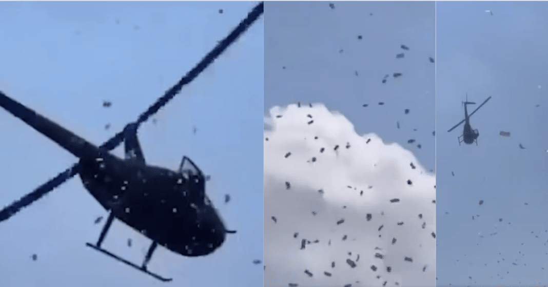 Cumplen voluntad de fallecido arrojando miles de dólares desde un helicóptero a la calle