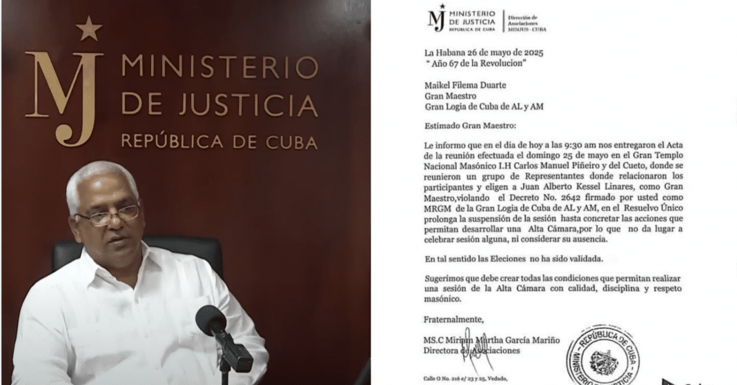 El Ministerio de Justicia de Cuba niega que se haya inmiscuido en los asuntos de la Gran Logia de Cuba, pero un documento salido de ahí lo desmiente categóricamente