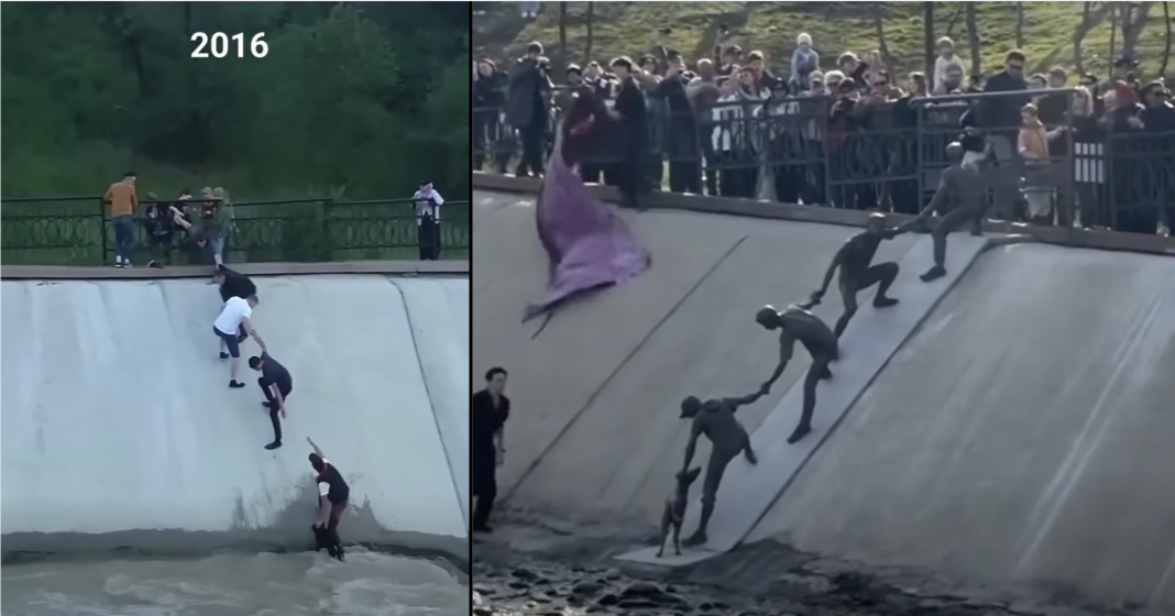 Cadena humana para salvar a un perro que se hizo viral en 2016, se convierte en estatua diez años después.