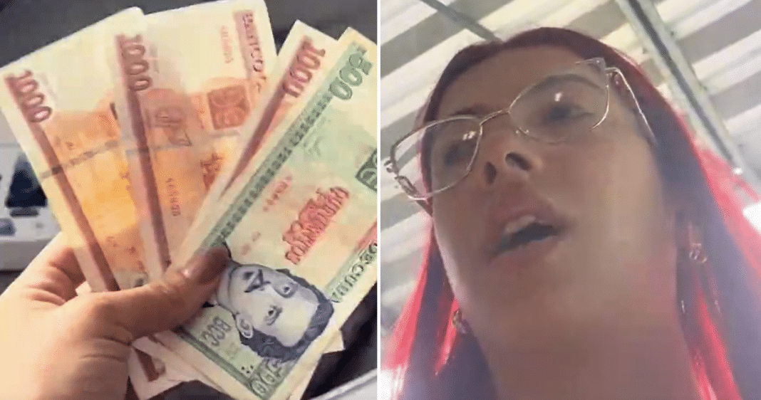 Captura del video de TikTok de la maestra cubana Dalai mostrando precios de alimentos en el mercado informal mientras intenta gastar su salario mensual de 3,000 pesos.