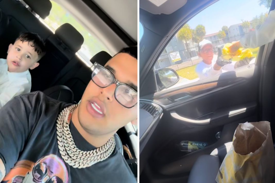 Dany Ome lleva a su hijo de 3 años a repartir dinero y comida a personas de la calle