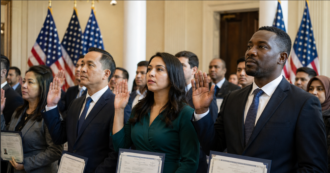 Ciudadanos naturalizados en ceremonia de juramento en Estados Unidos, en medio de la política de desnaturalización de la administración Trump en 2026
