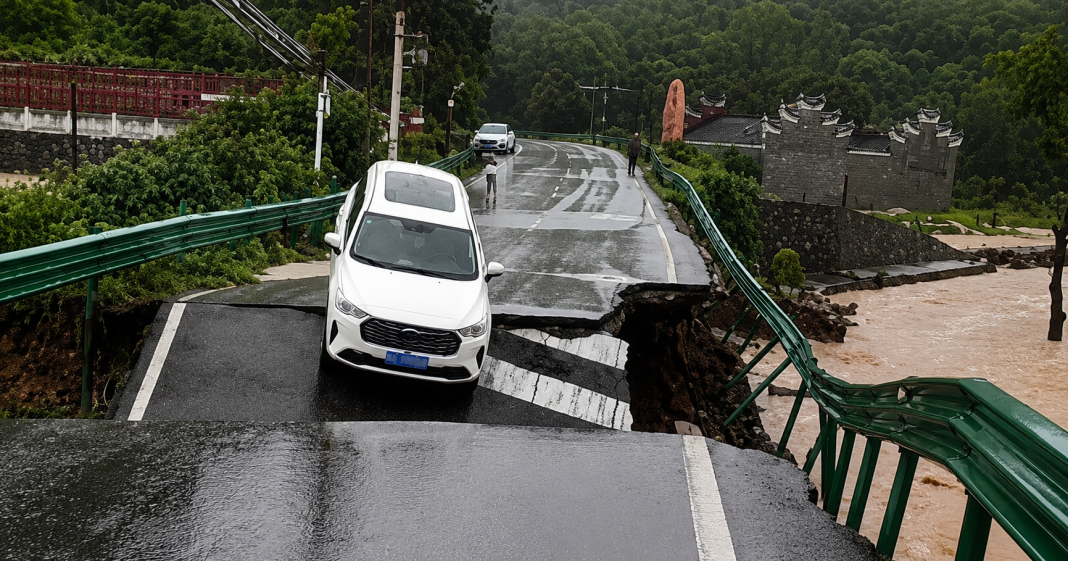 Colapso de puente en China: auto cae al río desbordado en Xiaogan, provincia de Hubei, mayo 2026