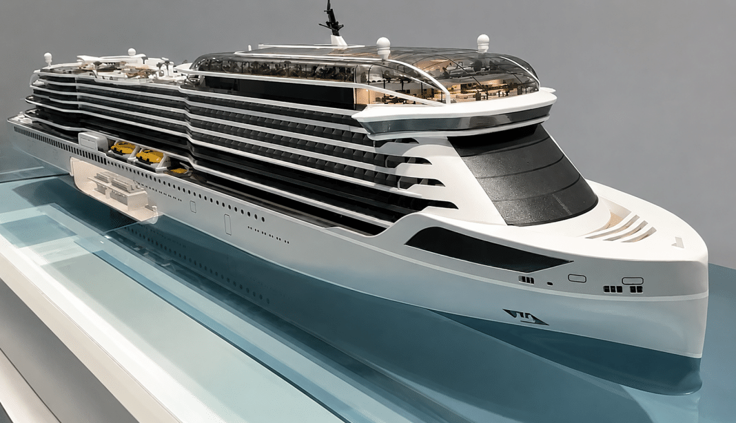 Un crucero que recarga como un Tesla. Concept del crucero eléctrico Meyer Werft Project Vision: barco a batería de 275 metros sin chimenea presentado en Seatrade Miami 2026