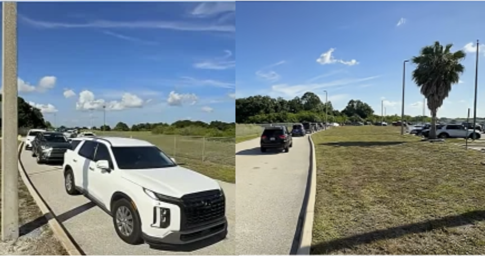 Larga fila de autos para recibir alimentos gratis en Tampa