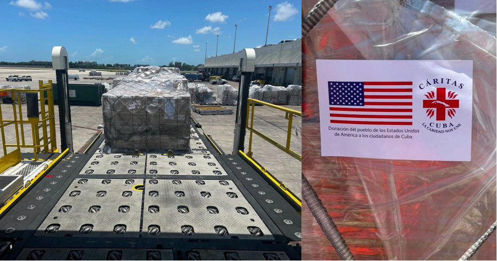 Cajas de ayuda humanitaria con la bandera de Estados Unidos y el logotipo de Cáritas Cuba descargadas en el Aeropuerto Internacional José Martí de La Habana