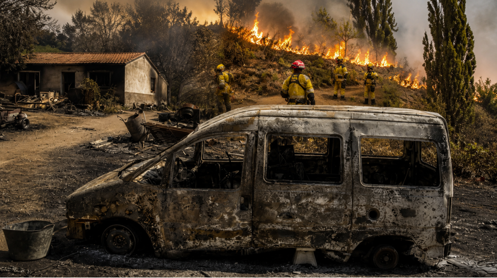 Bomberos combaten un incendio forestal entre humo espeso en una zona boscosa del suroeste de Europa