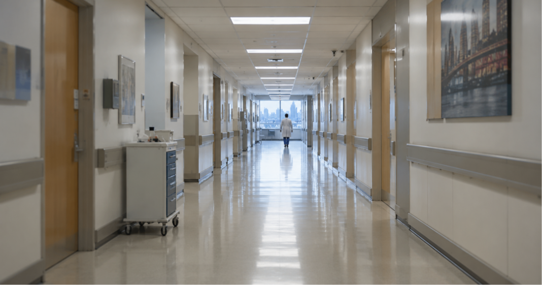 Pasillo de un hospital con un médico al fondo
