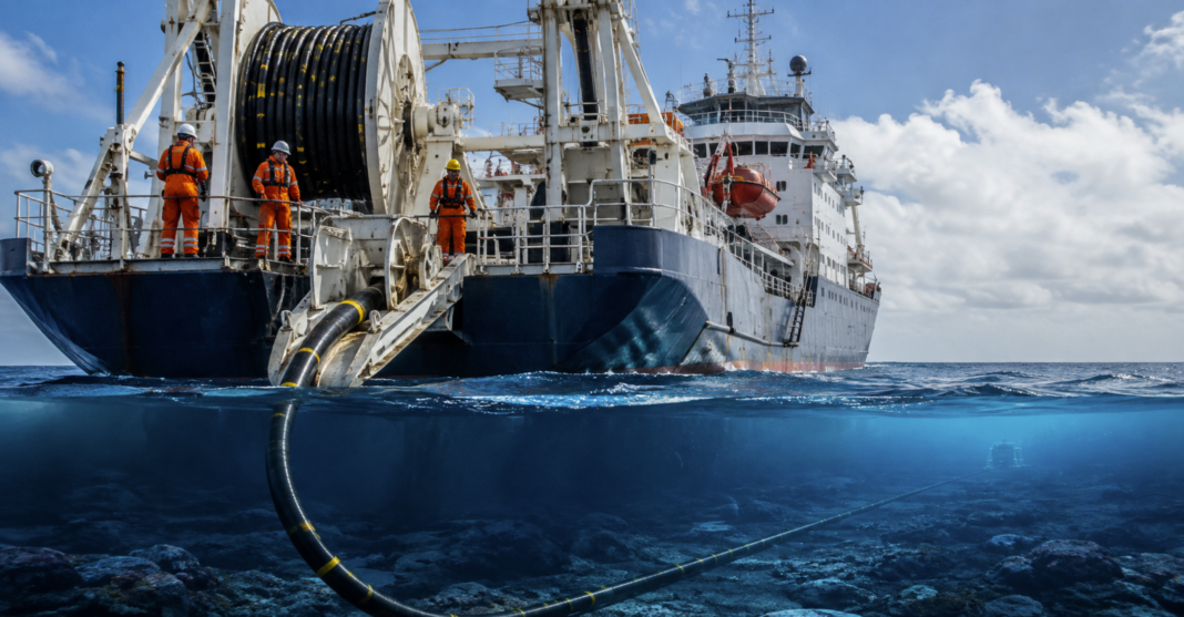 Instalación de un cable submarino de telecomunicaciones, imagen ilustrativa