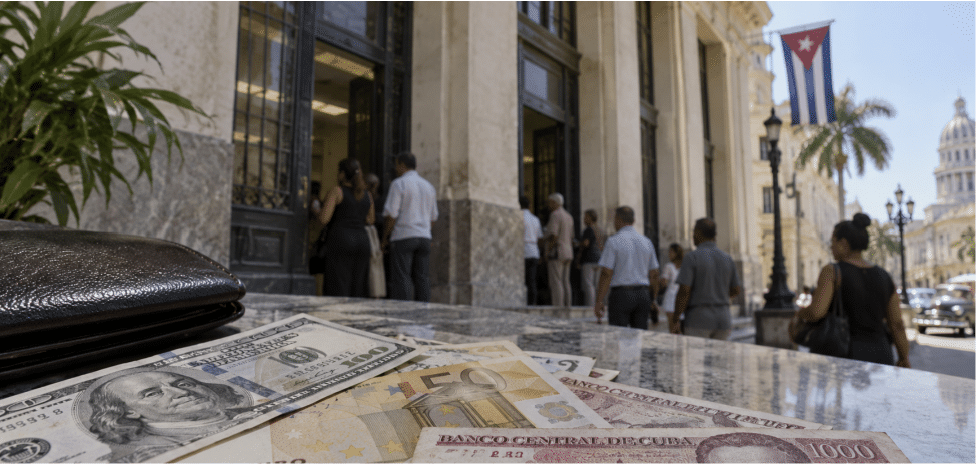 Fachada de una sucursal bancaria cubana o billetes de dólares y euros junto a pesos cubanos, evocando el manejo de divis