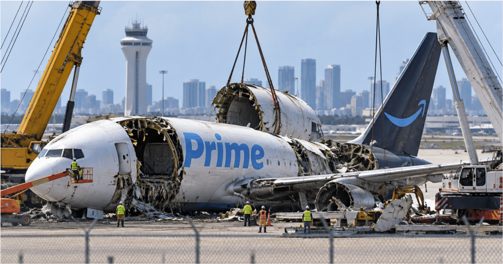 El Boeing 767 que operaba vuelos de carga para Amazon y se salió de la pista el pasado fin de semana en el Aeropuerto Internacional de Miami está siendo desmantelado pieza por pieza