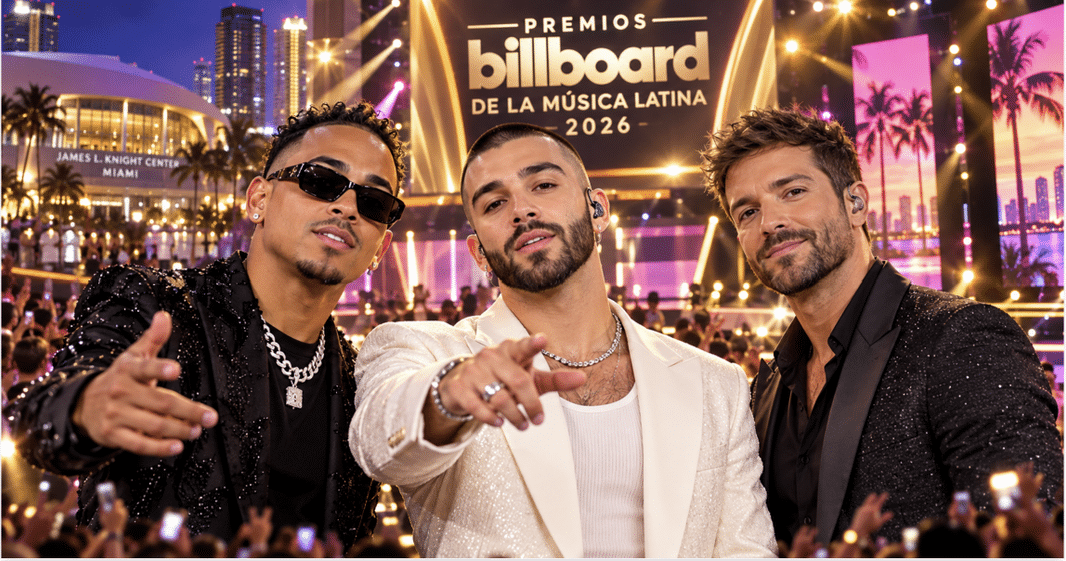 Collage con Ozuna, Manuel Turizo, Pablo Alborán y Tito Double P sobre el logotipo de los Premios Billboard de la Música Latina 2026.