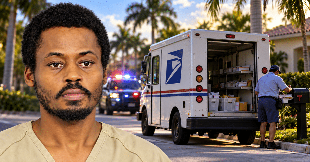 Camión blanco del Servicio Postal en una calle de Fort Lauderdale, donde arrestaron a un cartero por conducir ebrio