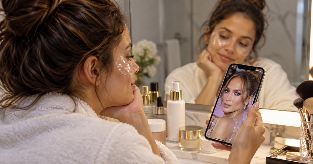 Mujer con parches para ojeras de gel transparente colocados bajo los ojos durante su rutina de cuidado facial