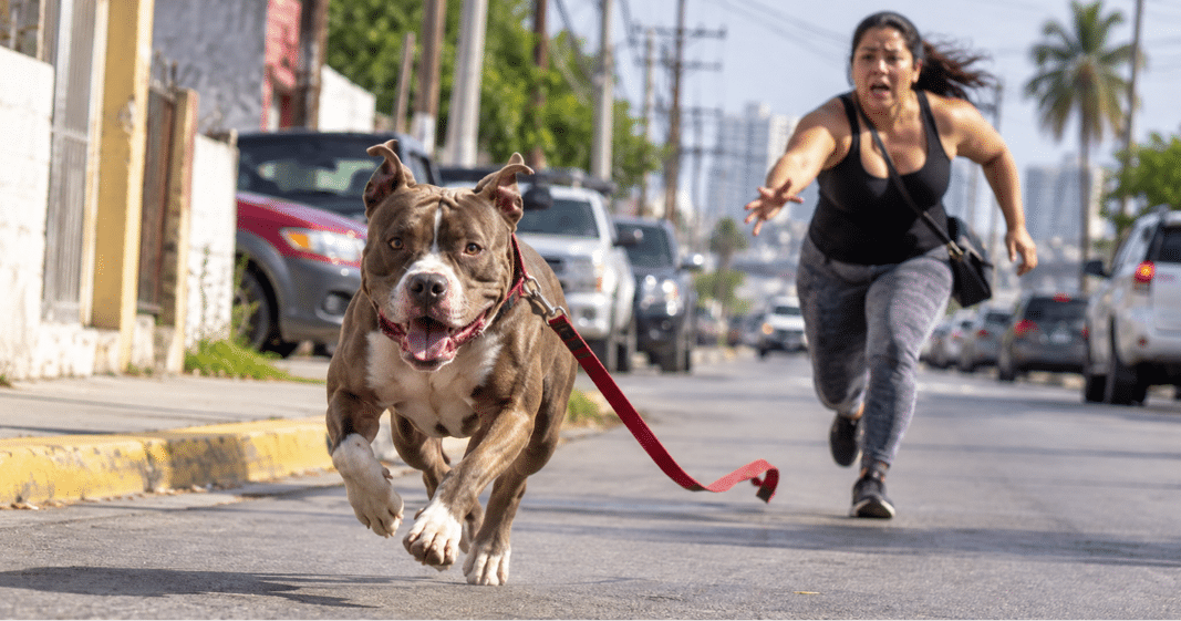 Perro pitbull con correa en una calle de Tampico, ciudad donde una mujer mató a un pitbull que atacó a su perro