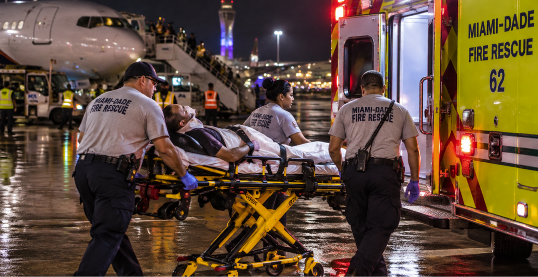 Paramédicos de Miami-Dade Fire Rescue trasladan en camilla a un herido por turbulencia en vuelo desviado a Miami